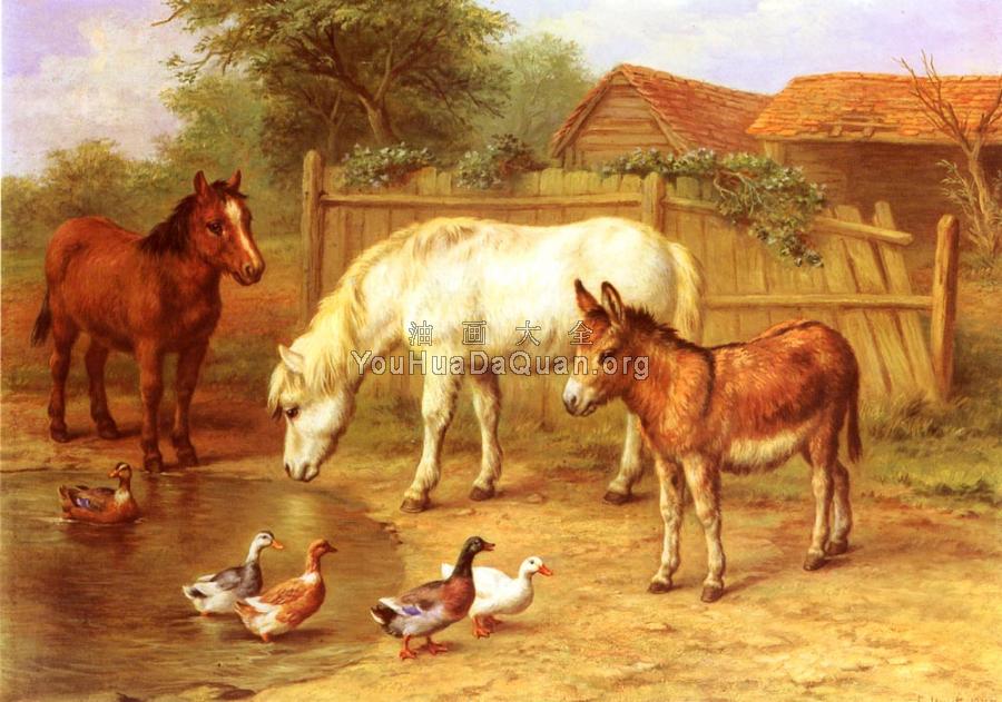 Ponies Donky and Ducks In A Farmyard - 埃德加·亨特